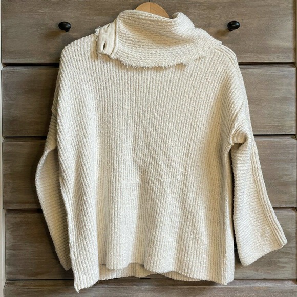 Free People On My Side High Neck Button-Trim White Oversized Chunky Sweater - Picture 4 of 5